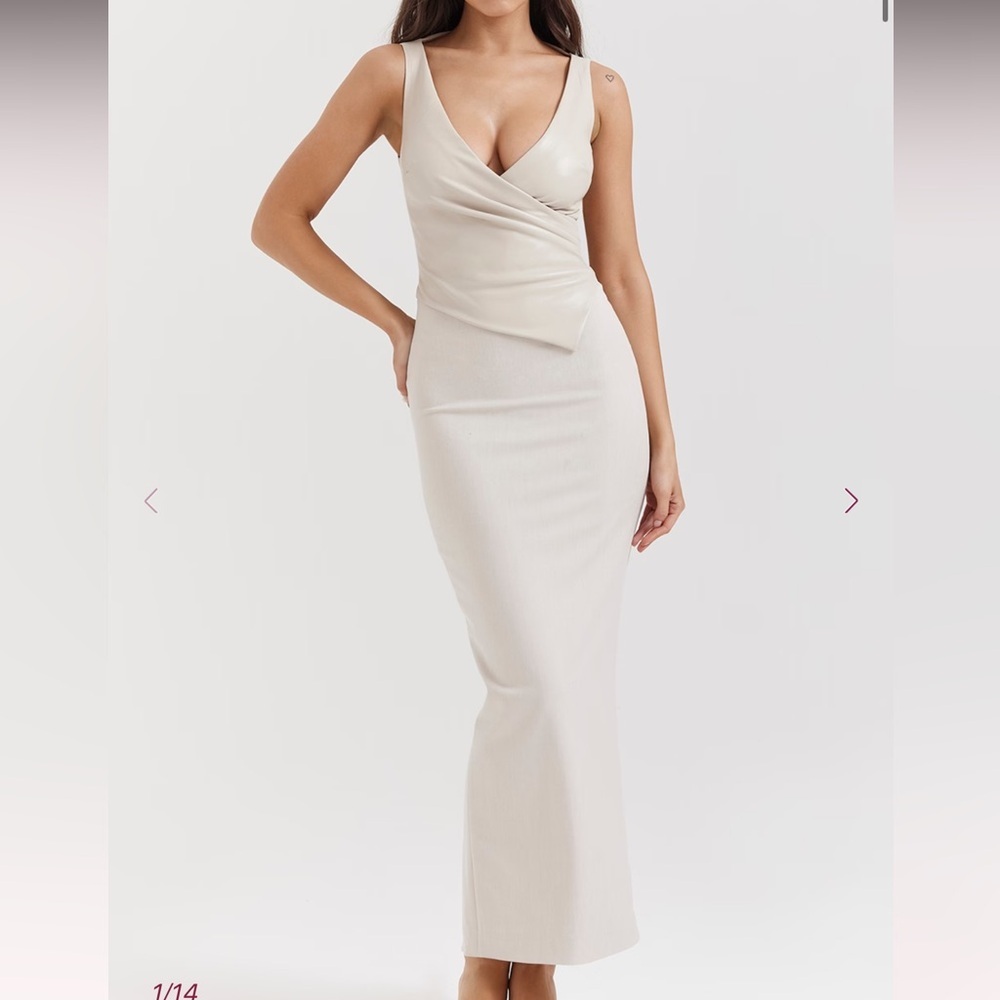 HOUSE OF CB LARIA Ecru Vegan Leather Maxi Dress Size XS